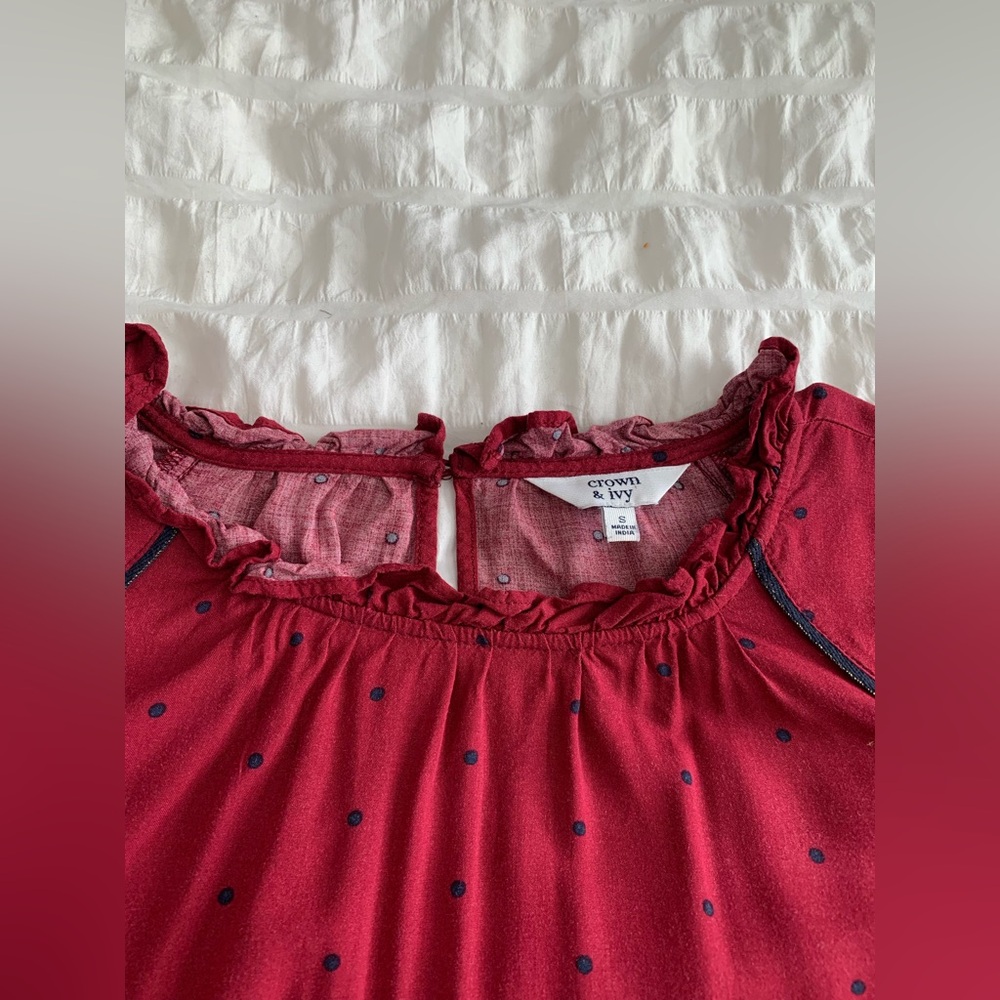 Crown & Ivy Maroon Blouse with Navy Dots and Trim - Picture 7 of 16